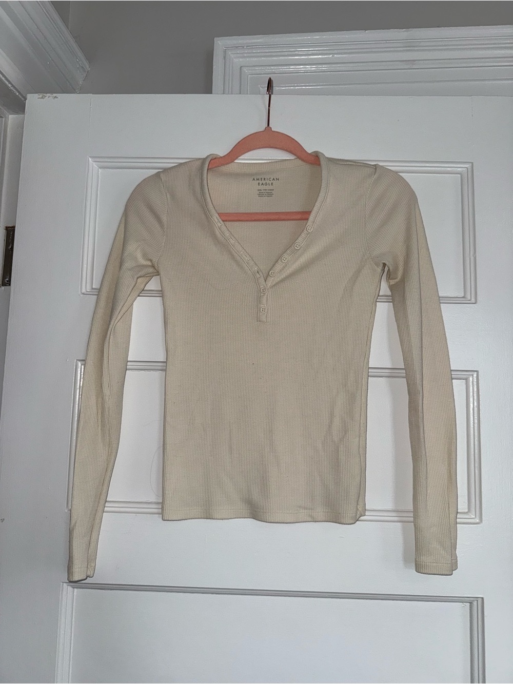 American Eagle Outfitters Cream Ribbed Henley Long Sleeve Top